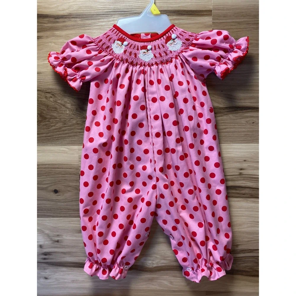 Southern Sunshine Smocked Santa Christmas Romper Pink Red Polka Dot 9M FH22-3723